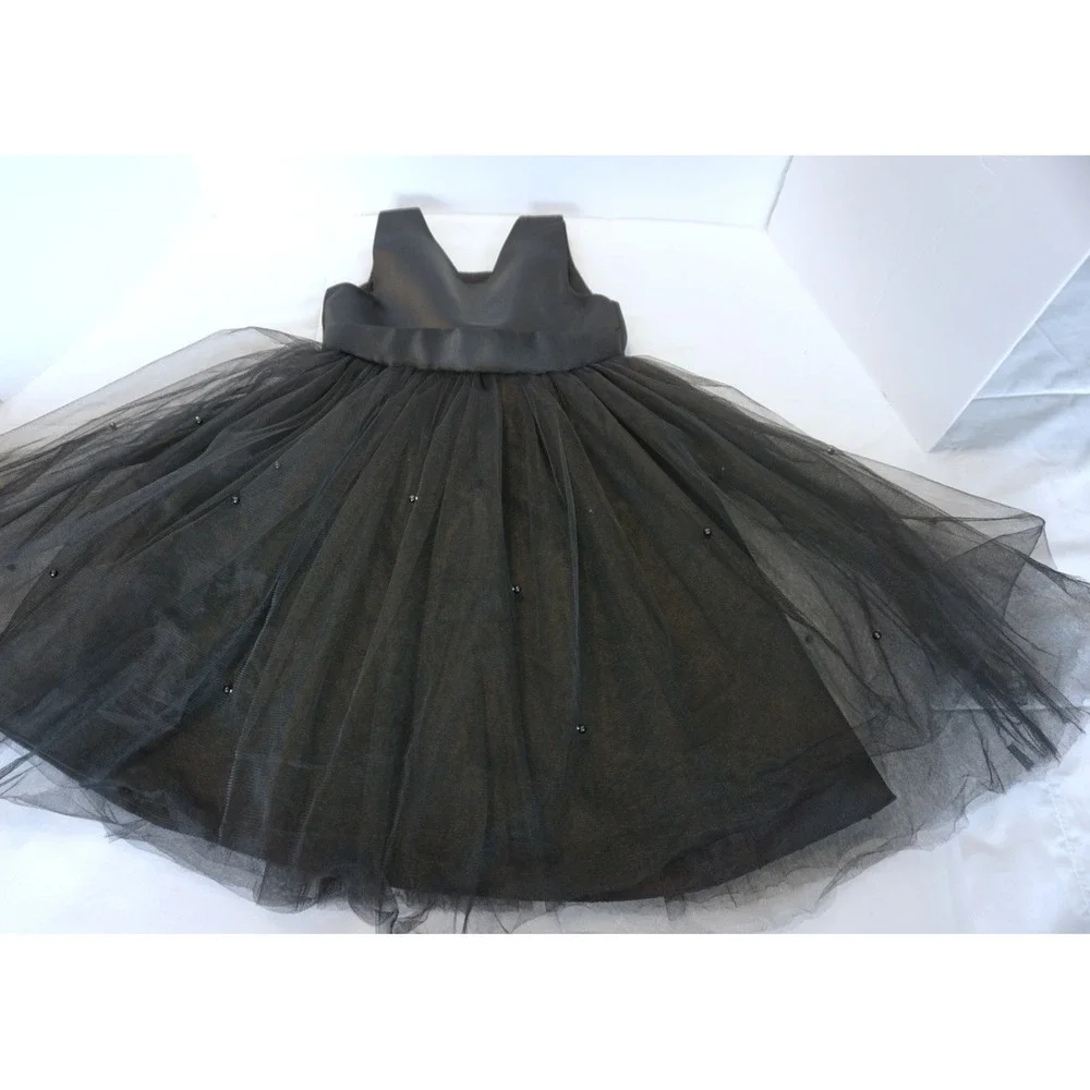 Black Tulle Pearl Beaded V-Back Bow Party Dress Kids Size 6 Formal Wedding